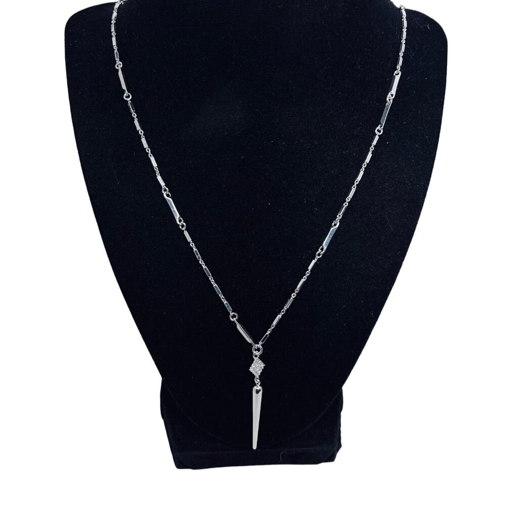 Vintage Silver Tone Bar Chain Necklace With Rhinestone Drop Pendant (5473)